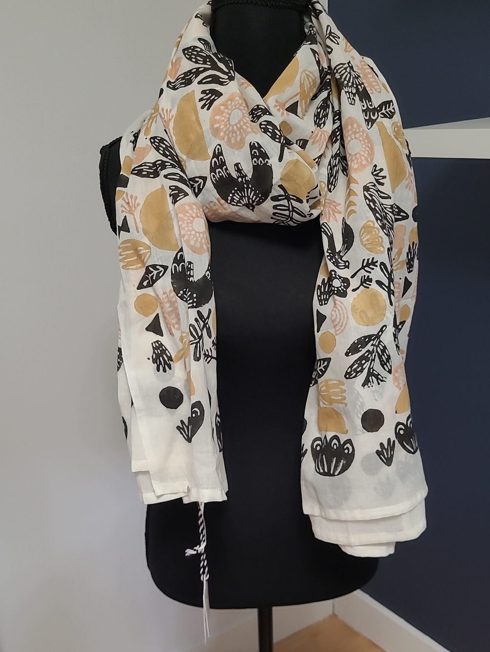 100% Cotton Scarf, Cream, Black & Tan Print by Danica Studio 43" × 71" NWT